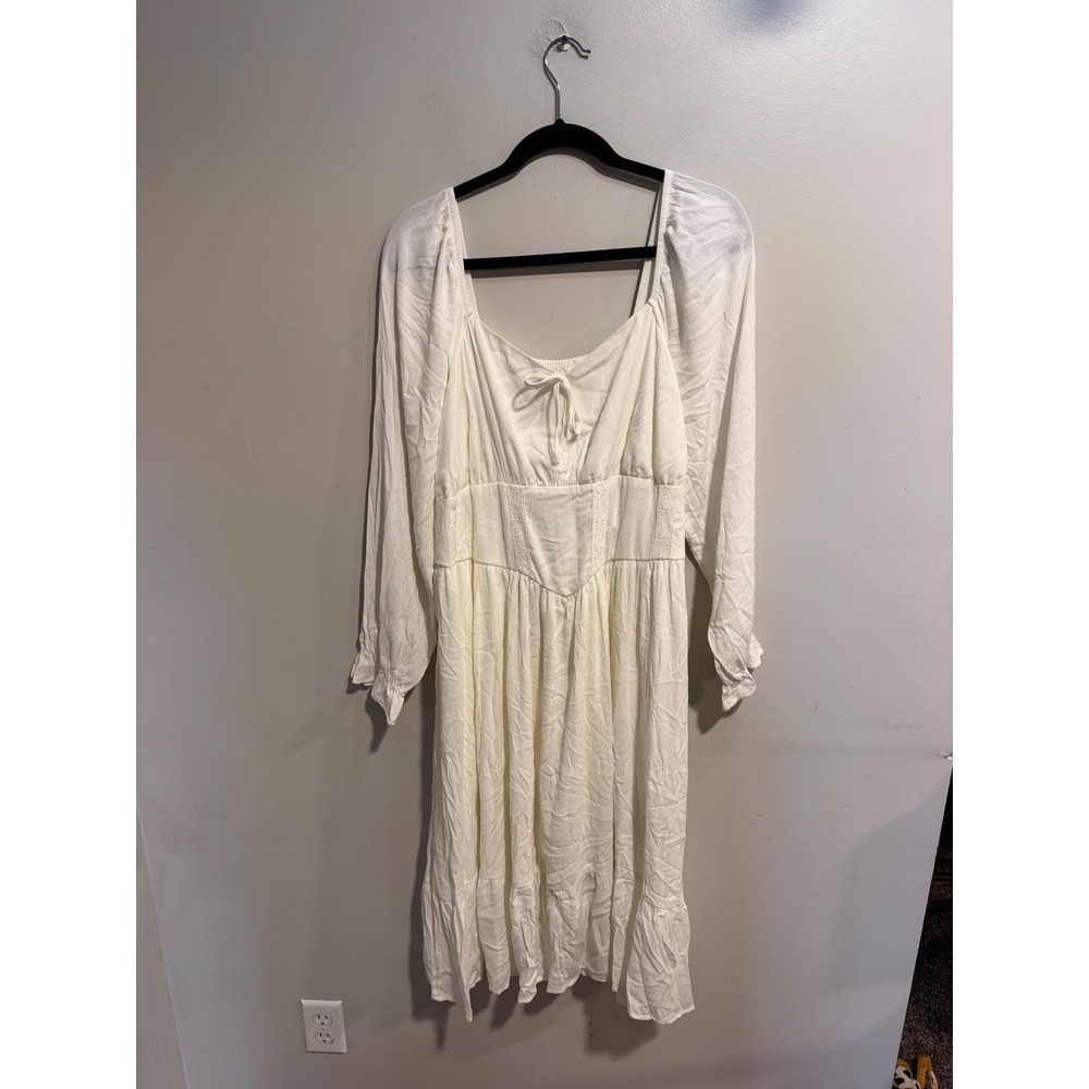 Celebrity Pink Long Sleeve Midi Dress XL White Smocked Basque Waist Cottagecore